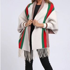 Poncho Cream Color with Red and Green Stripe